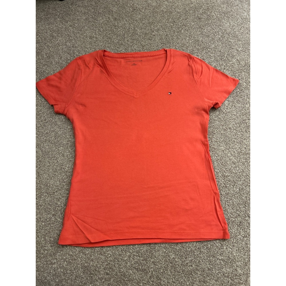 Tommy Hilfiger T-Shirt Womens Medium Orange‎ Excellent V-Neck Short Sleeve Logo